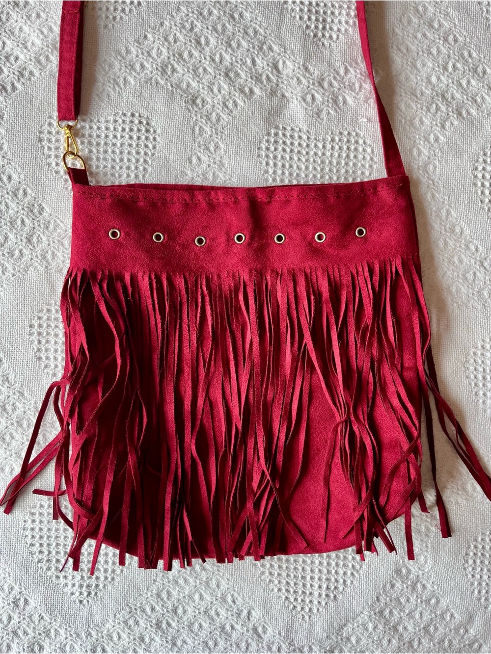 Vegan Suede Bright Red Soft Fringed Hobo Shoulder Bag with Long Adjustable Strap
